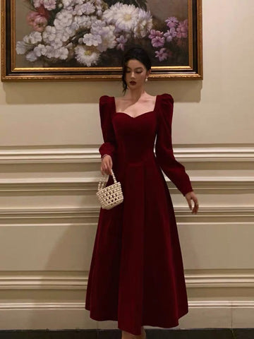 A line Square Neckline Long Sleeves Red Velvet Date Night Dress Prom Dresses Birthday Party Outfit SD872 HZ0628